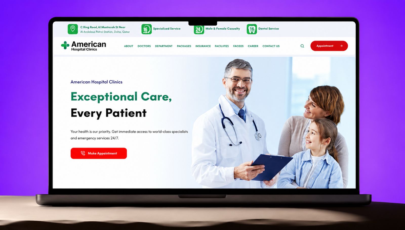 American Hospital Qatar website — laptop view