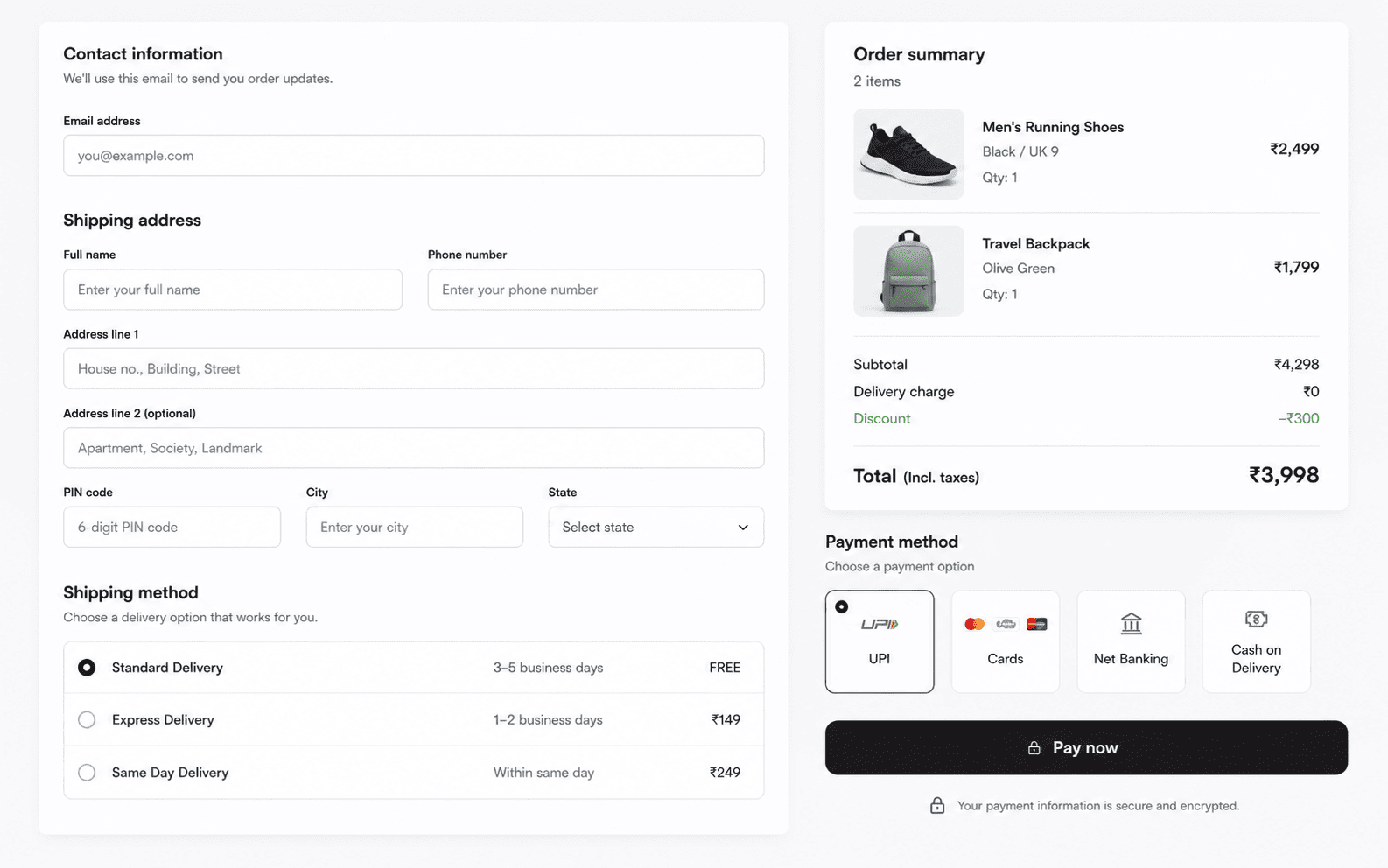 Ecommerce product page with reviews, stock and delivery dates