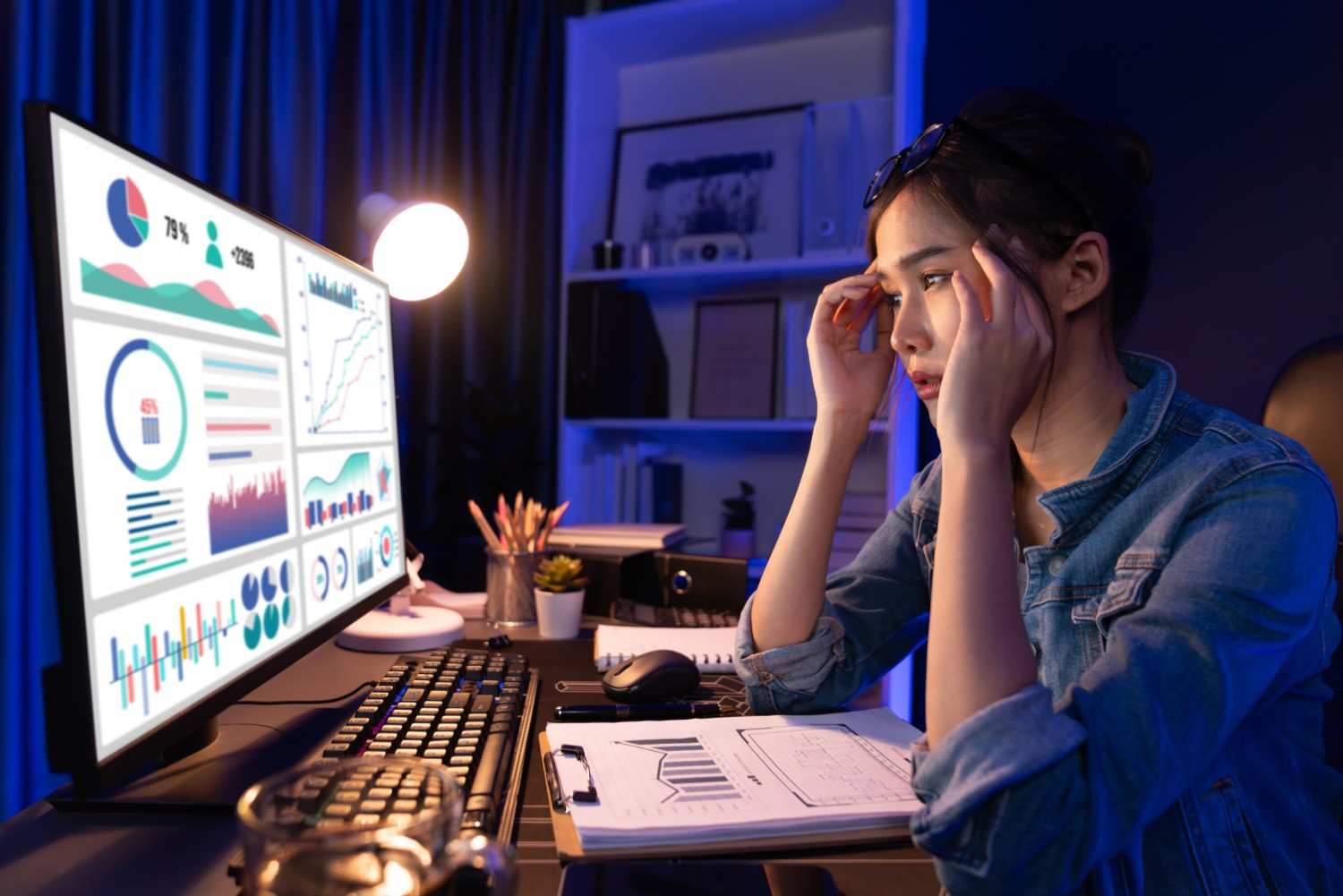 Digital advertising analytics with declining performance charts and campaign metrics